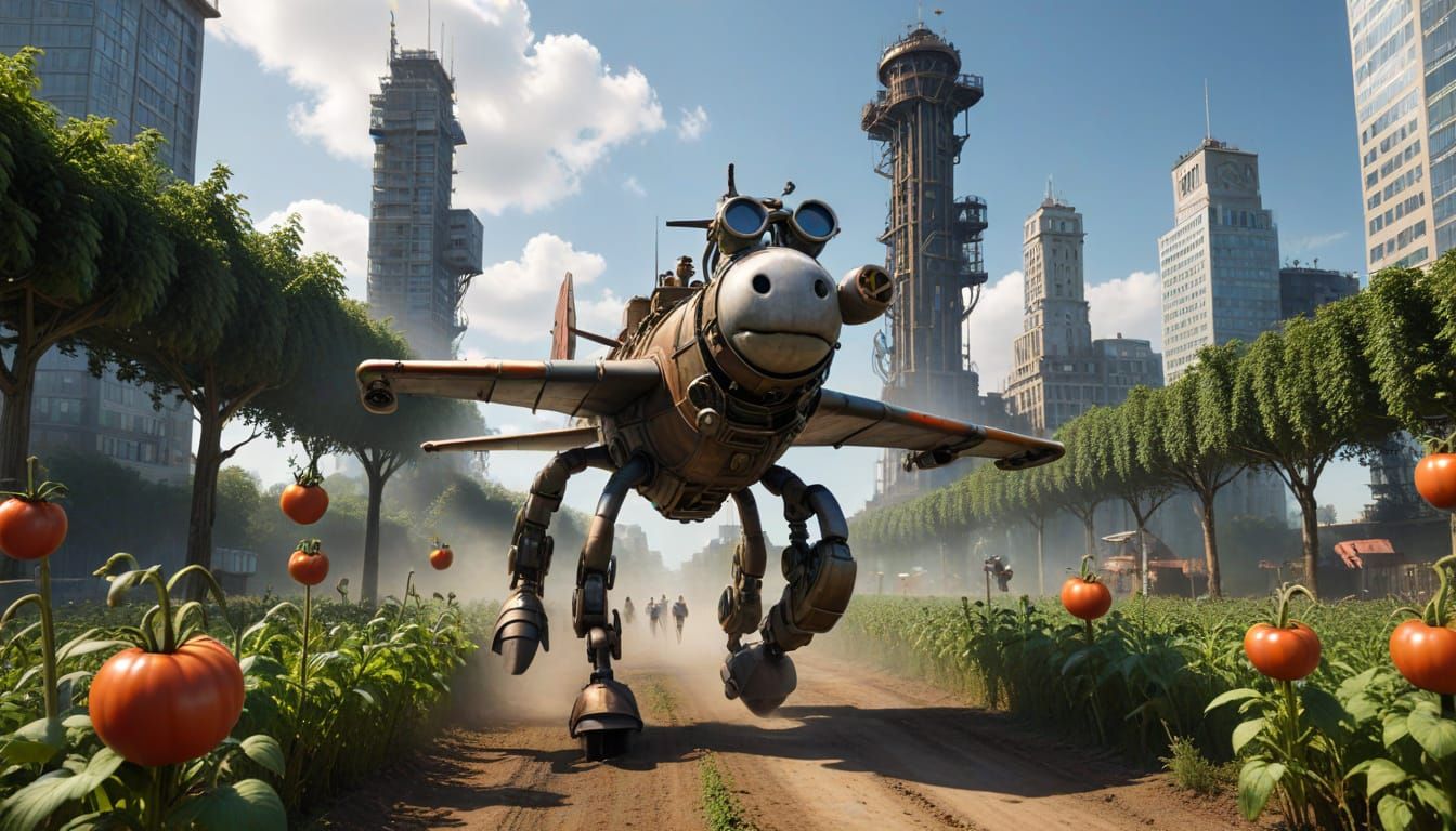 Steampunk Cityscape with Waterfalls and Robotic Harvesters