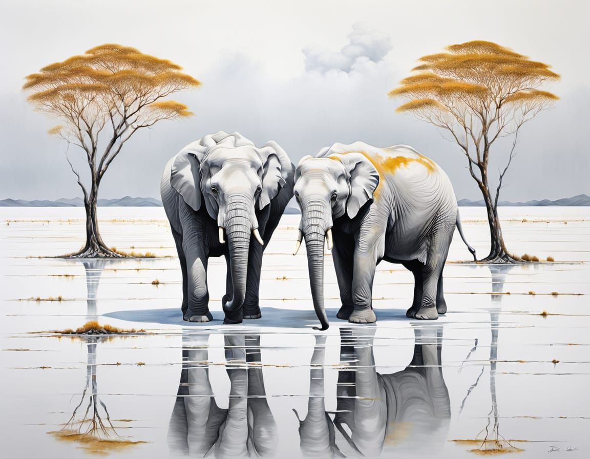White Elephants Traverse Salt Flats: Photorealistic Oil Pain...