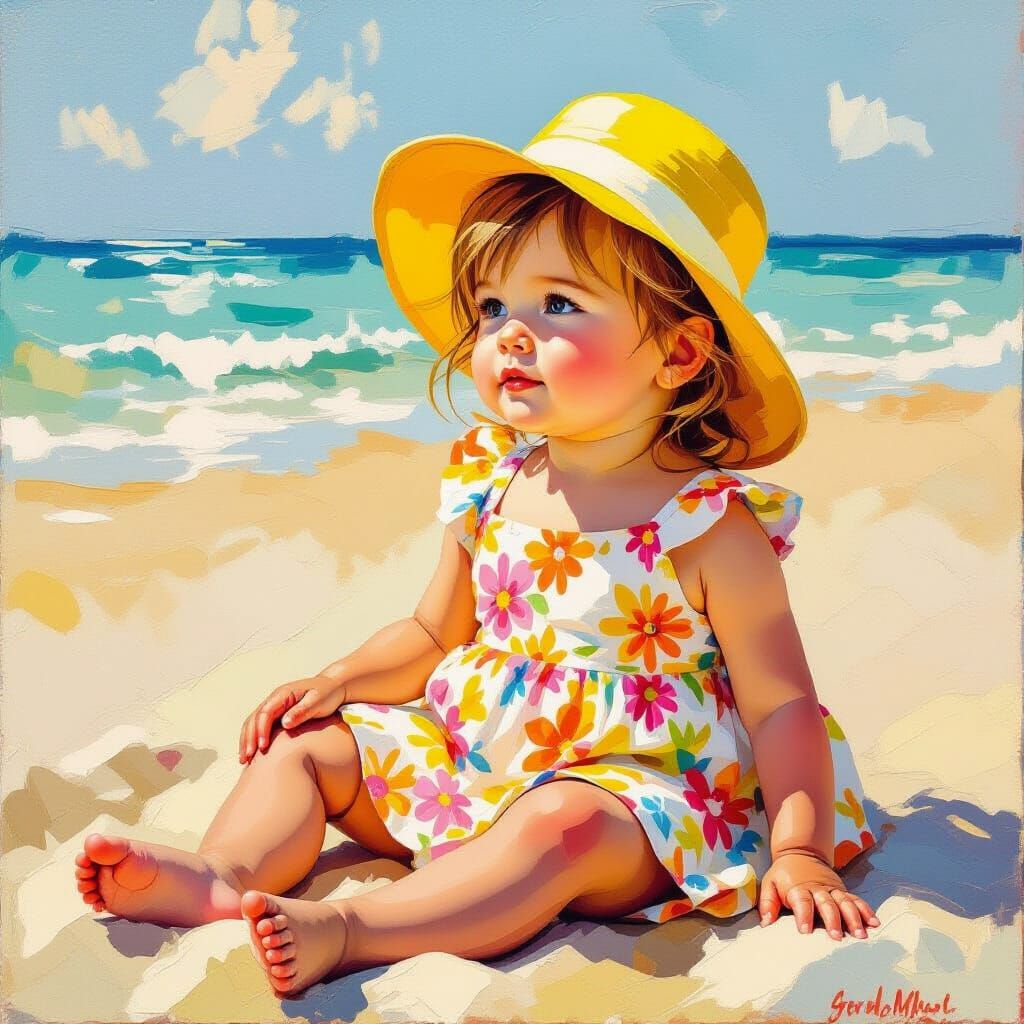 Baby Girl in Sun Hat as Impasto Oil Painting