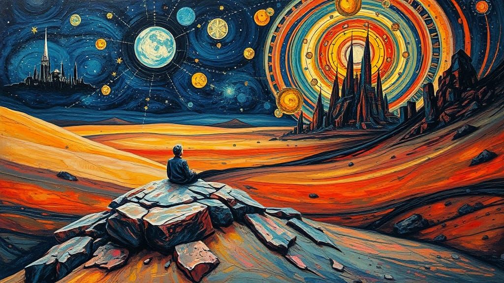 Surreal Stargazer in Dystopian Desert Landscape