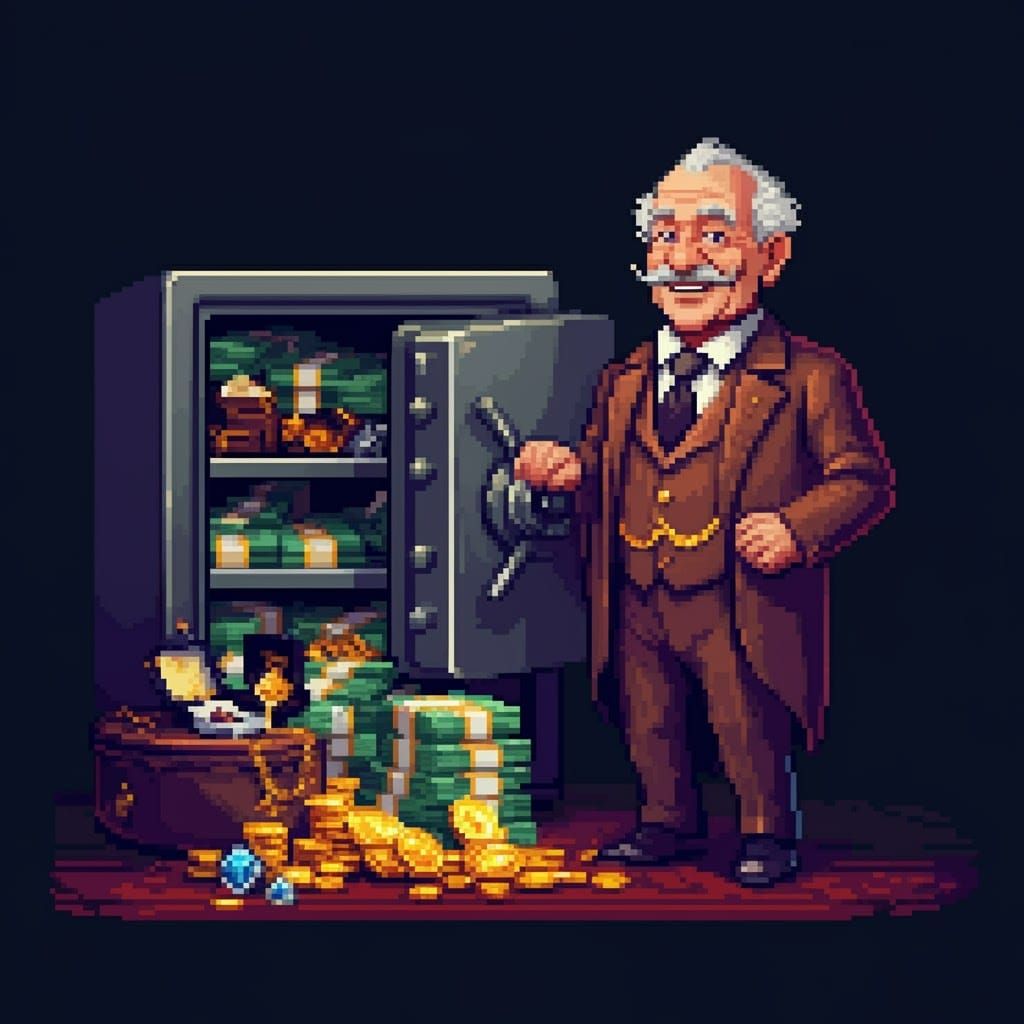 Opulent Elderly Man with Safe in 8-Bit Pixel Art