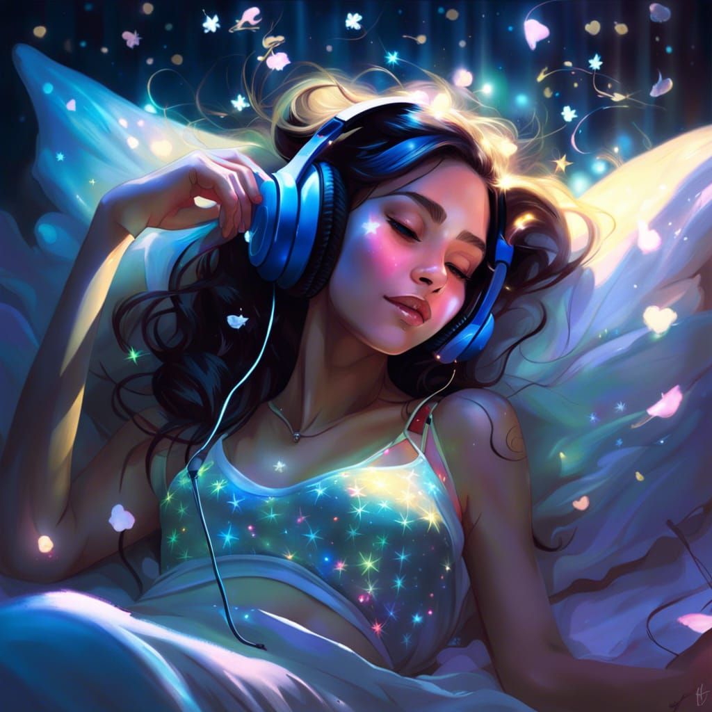 Fairy with Headphones in Bed, Digital Painting