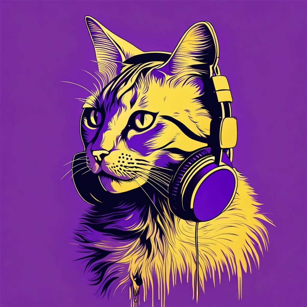 Pop Art Cat with Headphones in Purple and Gold