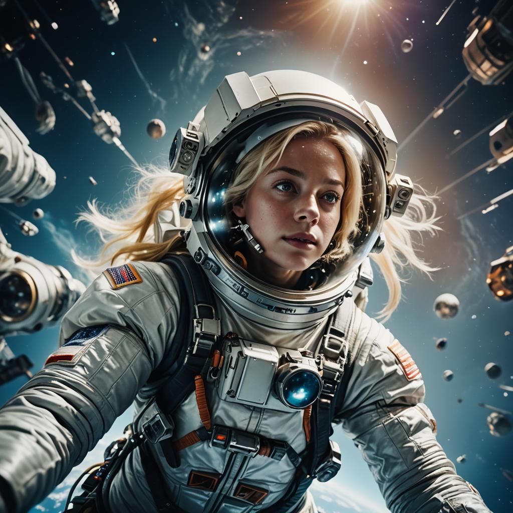 Cinematic Blonde in Zero Gravity Space Suit