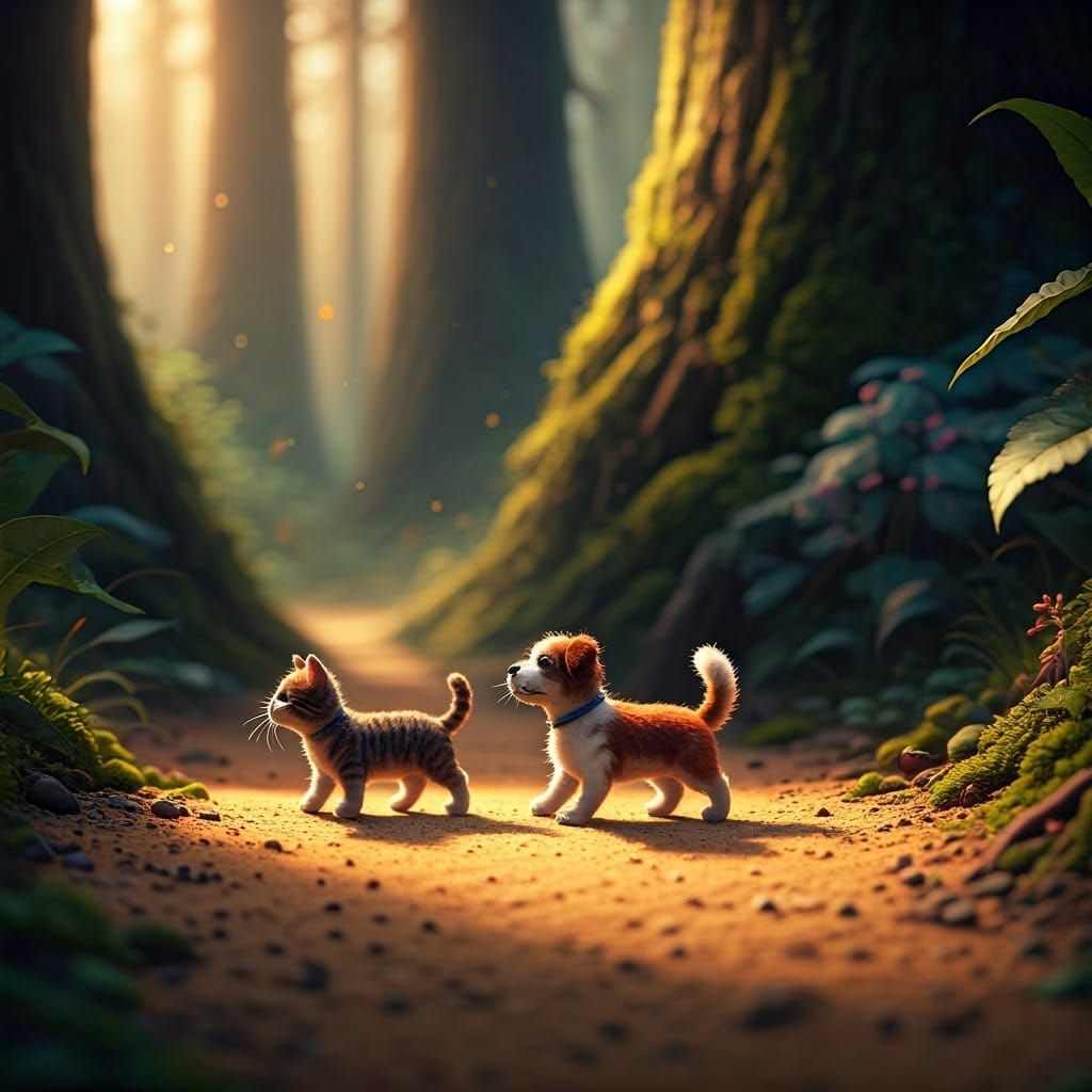 Hyperrealistic Wool Cat and Dog in Forest Splash Art