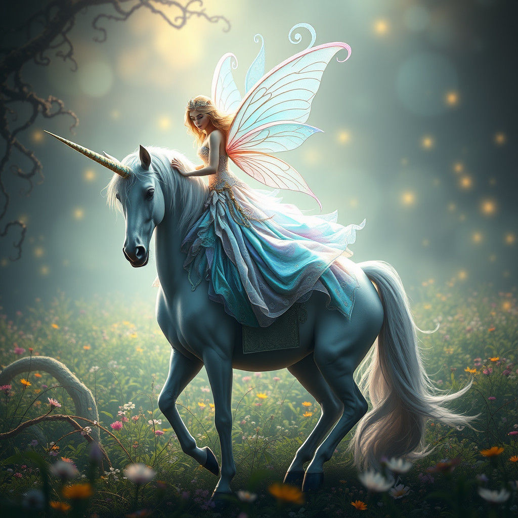 Fairy and Unicorn in Ethereal Meadow, 80s Fantasy Art