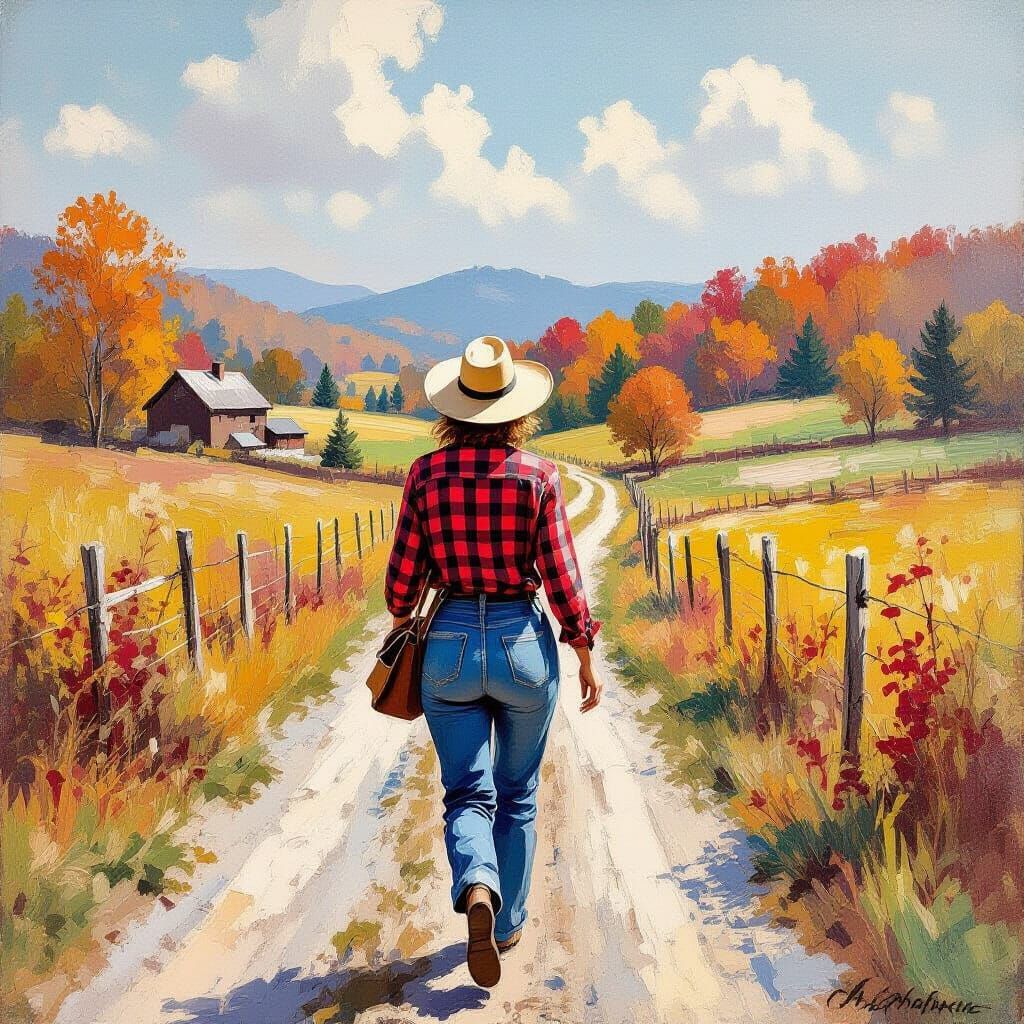 Nostalgic Woman on Country Road: Gouache and Watercolor