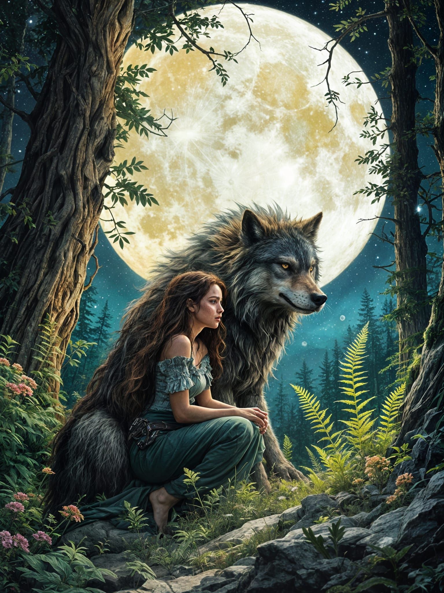 Fantasy Wench and Werewolf Under Full Moon