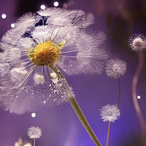 Dandelions on Water Under Moon in Watercolor Style