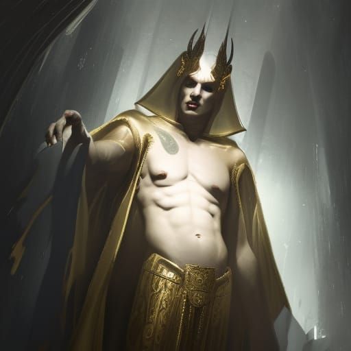 Handsome Demon in Art Deco Style with Golden Halo