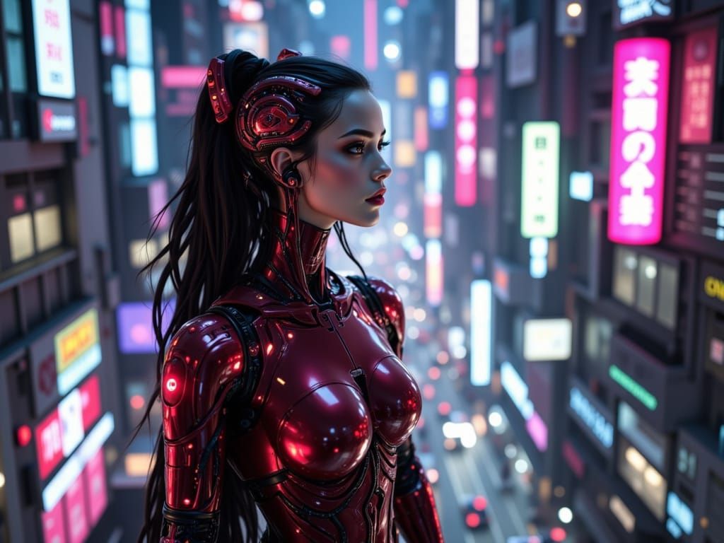 Cybernetic Eidolon Gazes at Neon Megacity