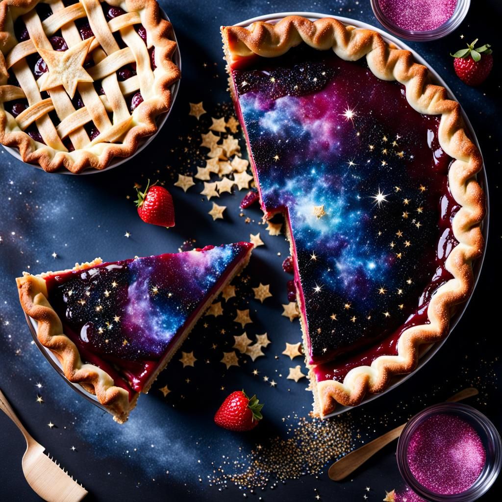 A beautiful pie with a slice taken out, filled with sparkles and galaxy