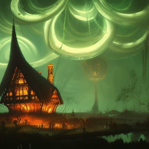 Gothic Mushroom Cottage in Glowing Swamp: Dark Fantasy Art