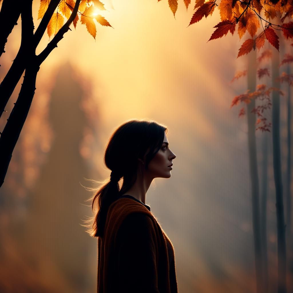 Girl in Autumn Forest with Golden Sunlight
