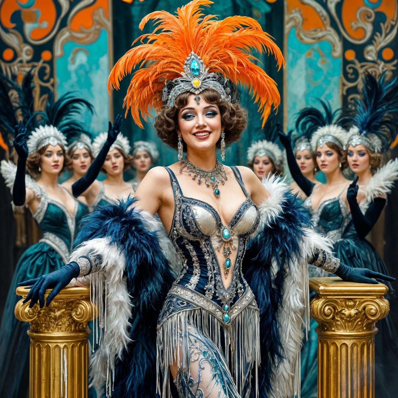 Extravagant Burlesque Showgirl in Art Nouveau Style