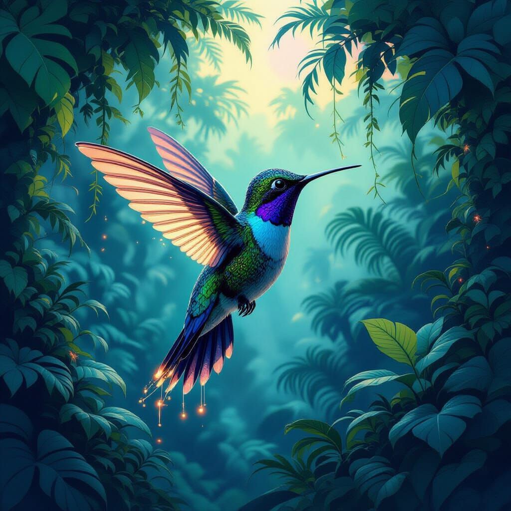 Bioluminescent Hummingbird in Alien Jungle Canopy