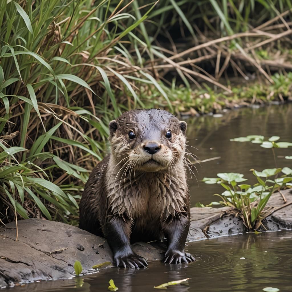 Charming Otter on a Lush Riverbank