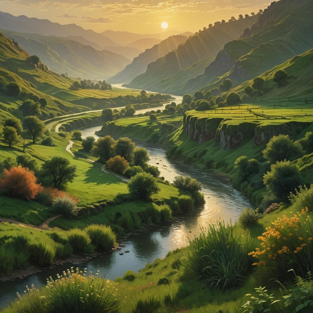 Lush Valley Sunset in Impressionist Style