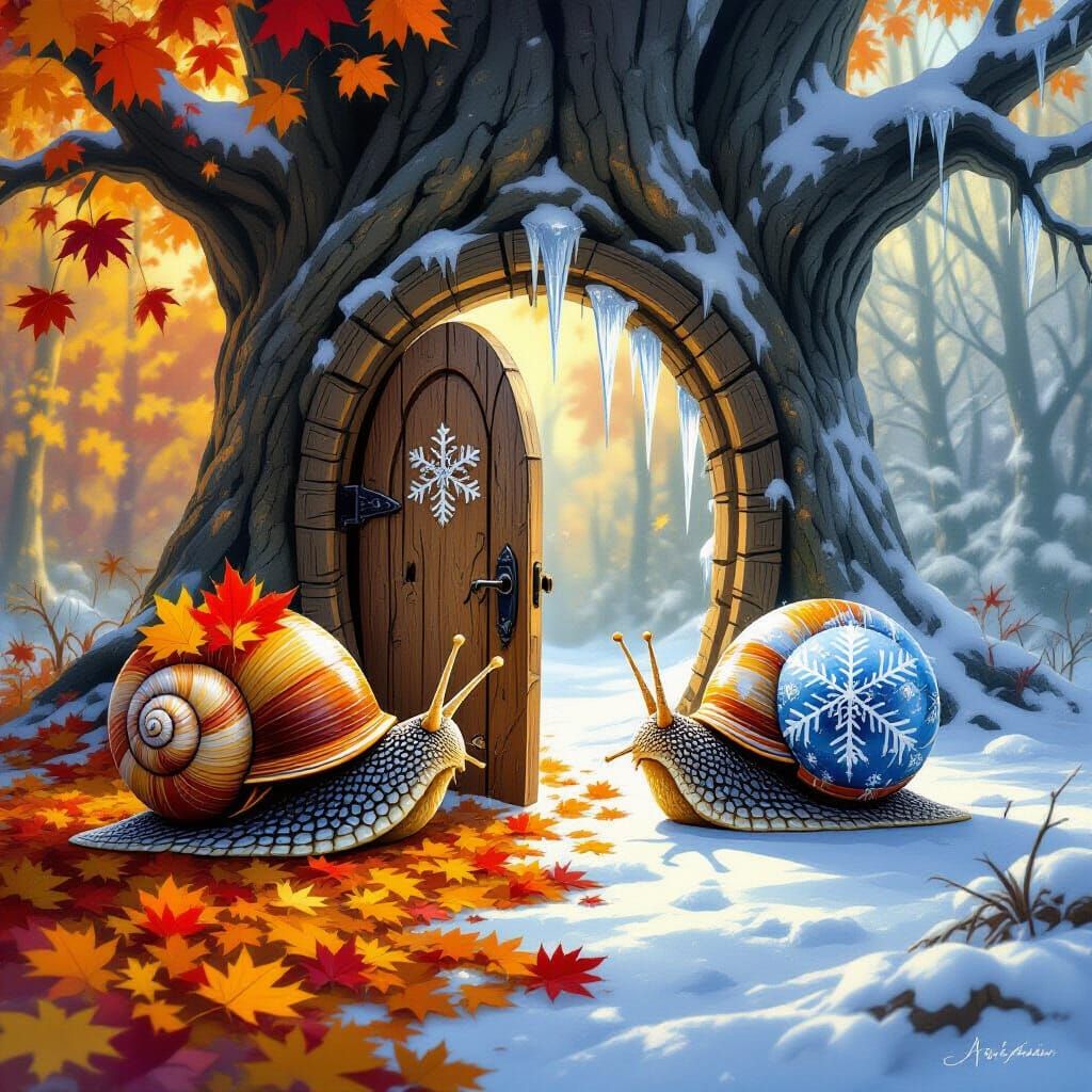 Autumn and Winter Snails Symbolize Seasonal Transition