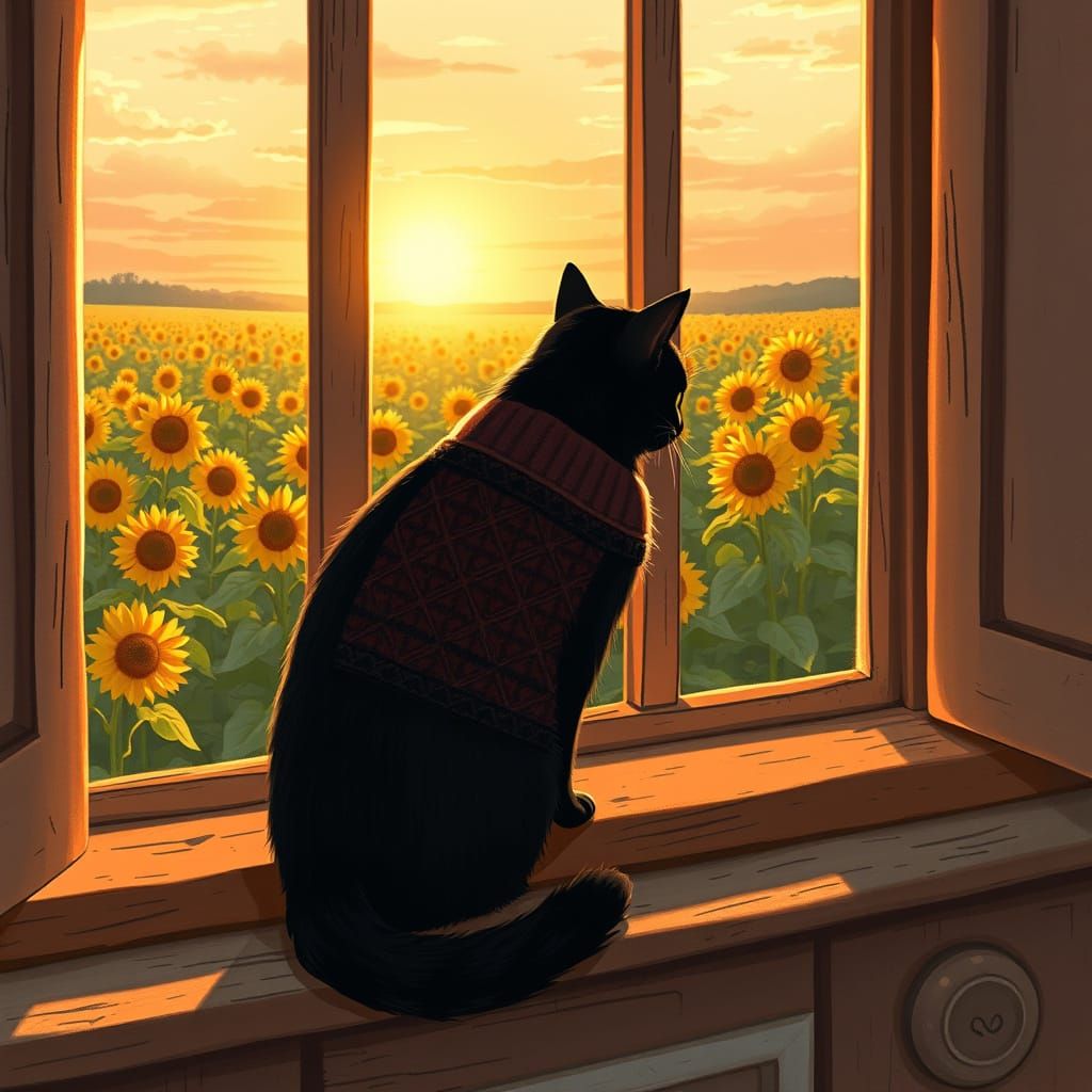 Cat in Sweater Gazing at Sunflowers, Storybook Style