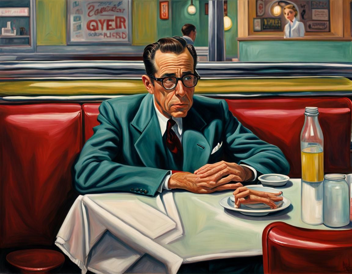 Exhausted Detective in Diner: Photorealistic Oil Painting