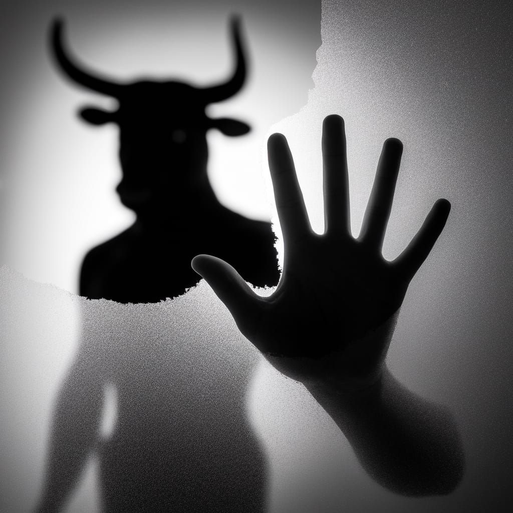Minotaur Silhouette Behind Frosted Glass in Black and White