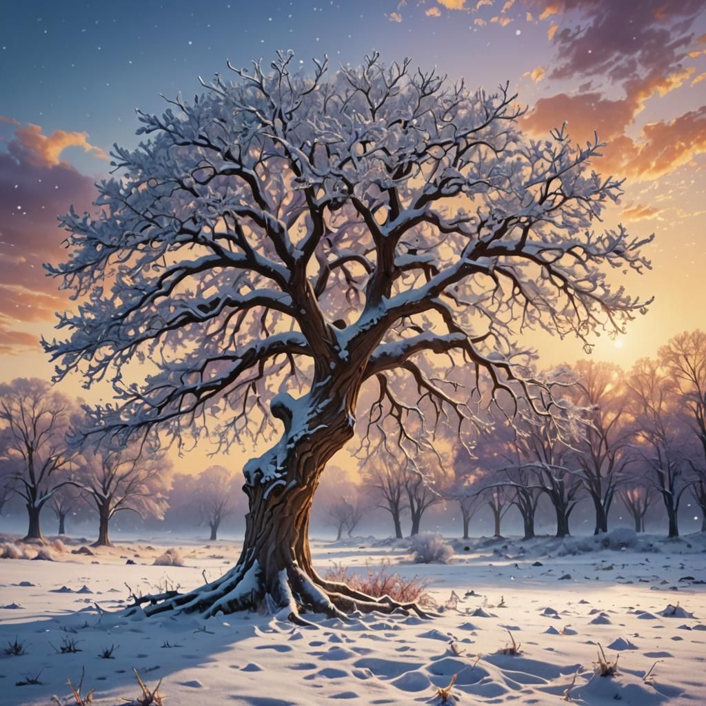 Snowy Tree in Sunlight: Fantasy Realism Matte Painting