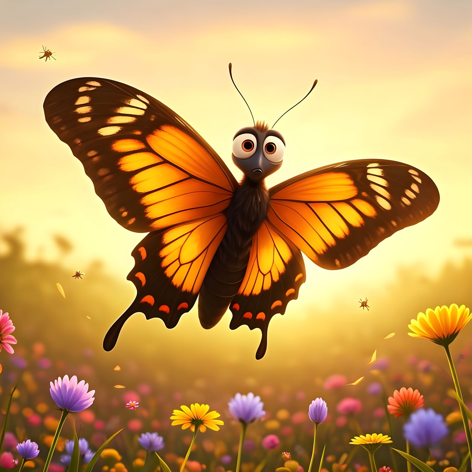Confused Butterfly in Pixar Style Meadow