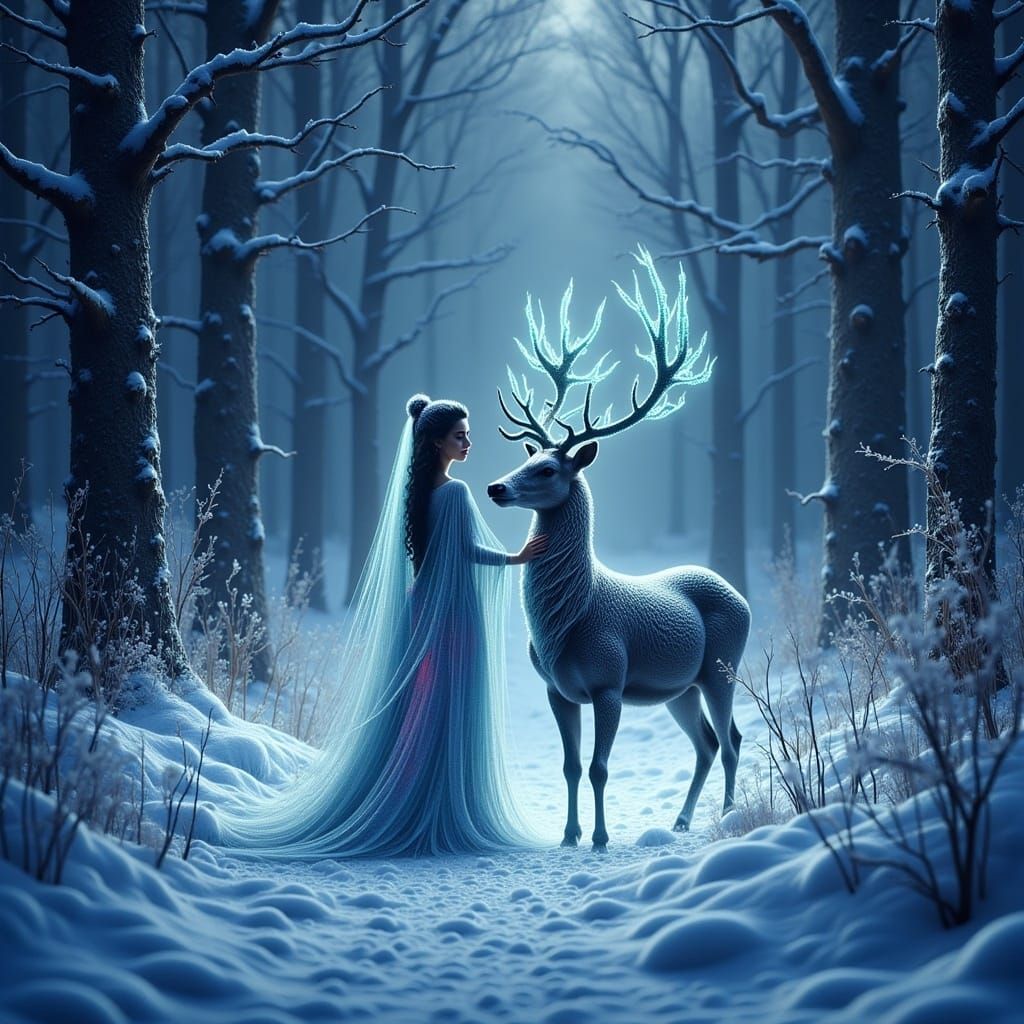 Woman and Deer in Snowy Forest, 3D Style
