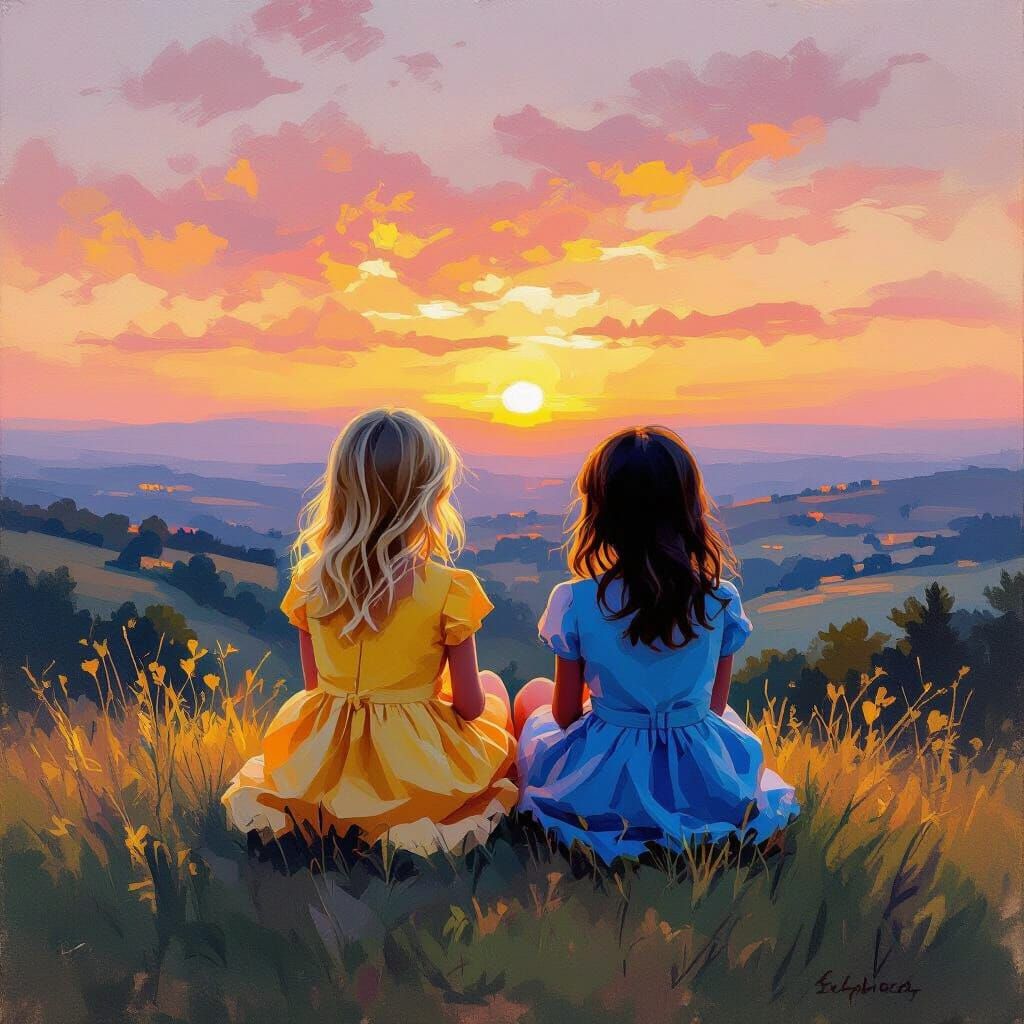 Two Girls Enjoying a Dreamy Sunset on a Hill