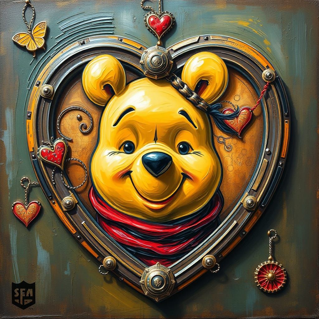 Steampunk Winnie the Pooh Impasto Acrylic Painting