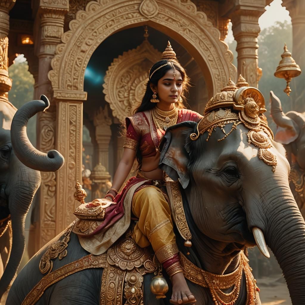Indrani Riding Elephant in Golden Hour Light