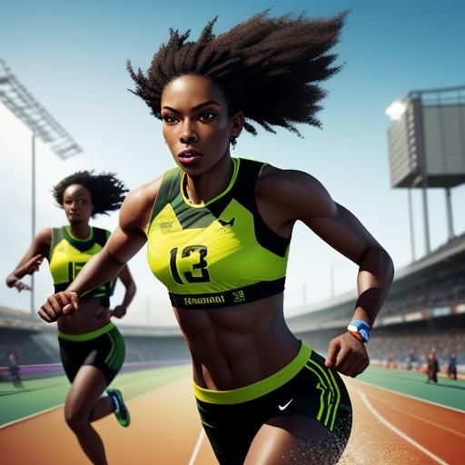 Black Woman Running on Track in Hyperrealistic Style