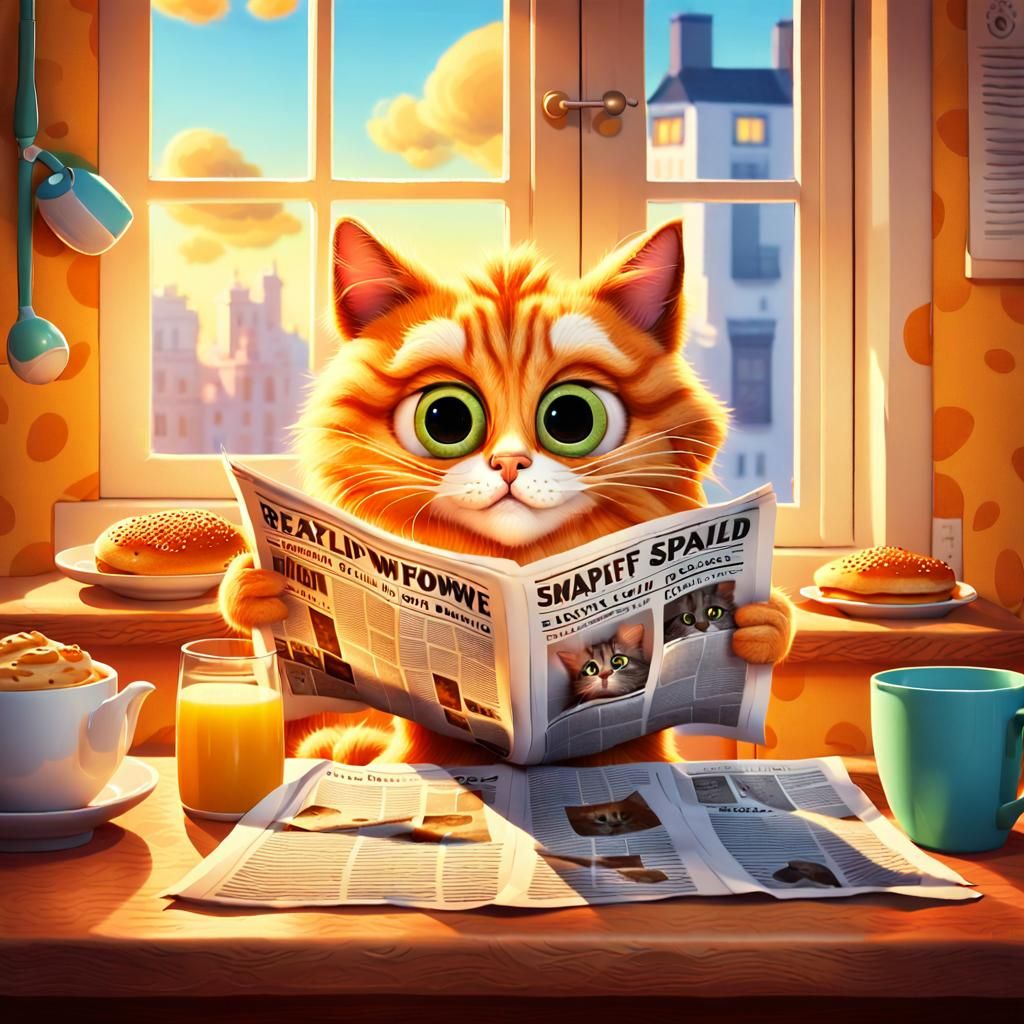 Cartoon Cat Reads Newspaper: Pixar-Style CGI Illustration