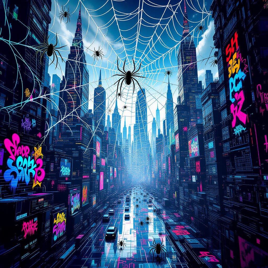 Spider Web Cityscape with Graffiti Art