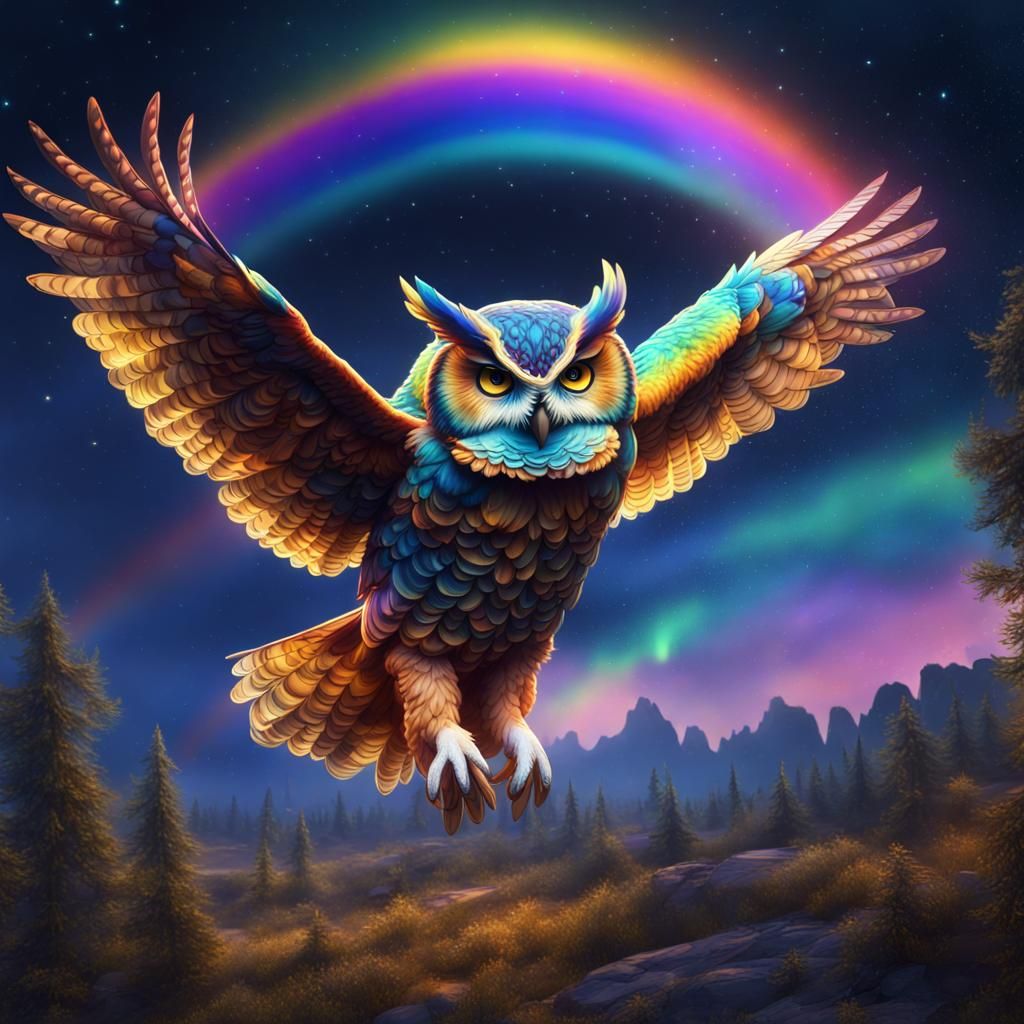 Rainbow Owl Flying in Starry Night Sky