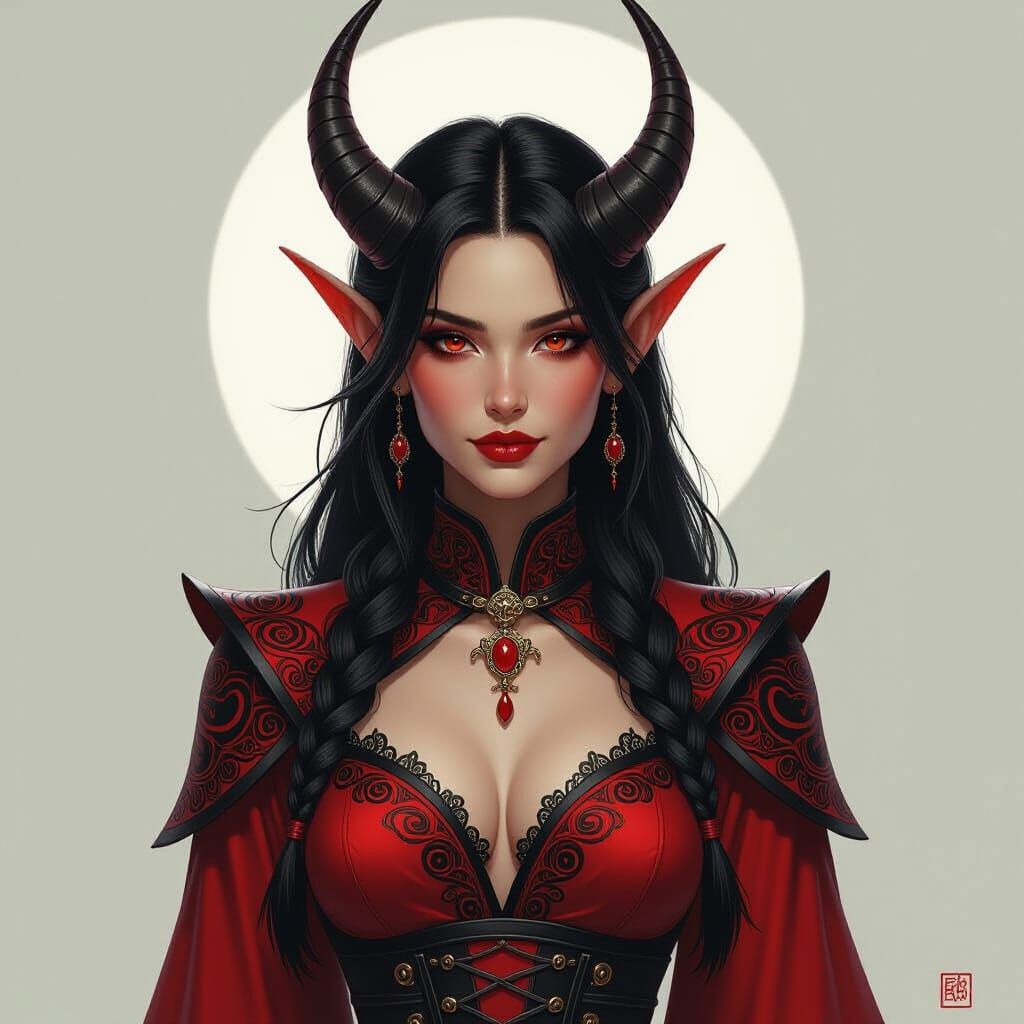 Photorealistic Tiefling in Red and Black Attire