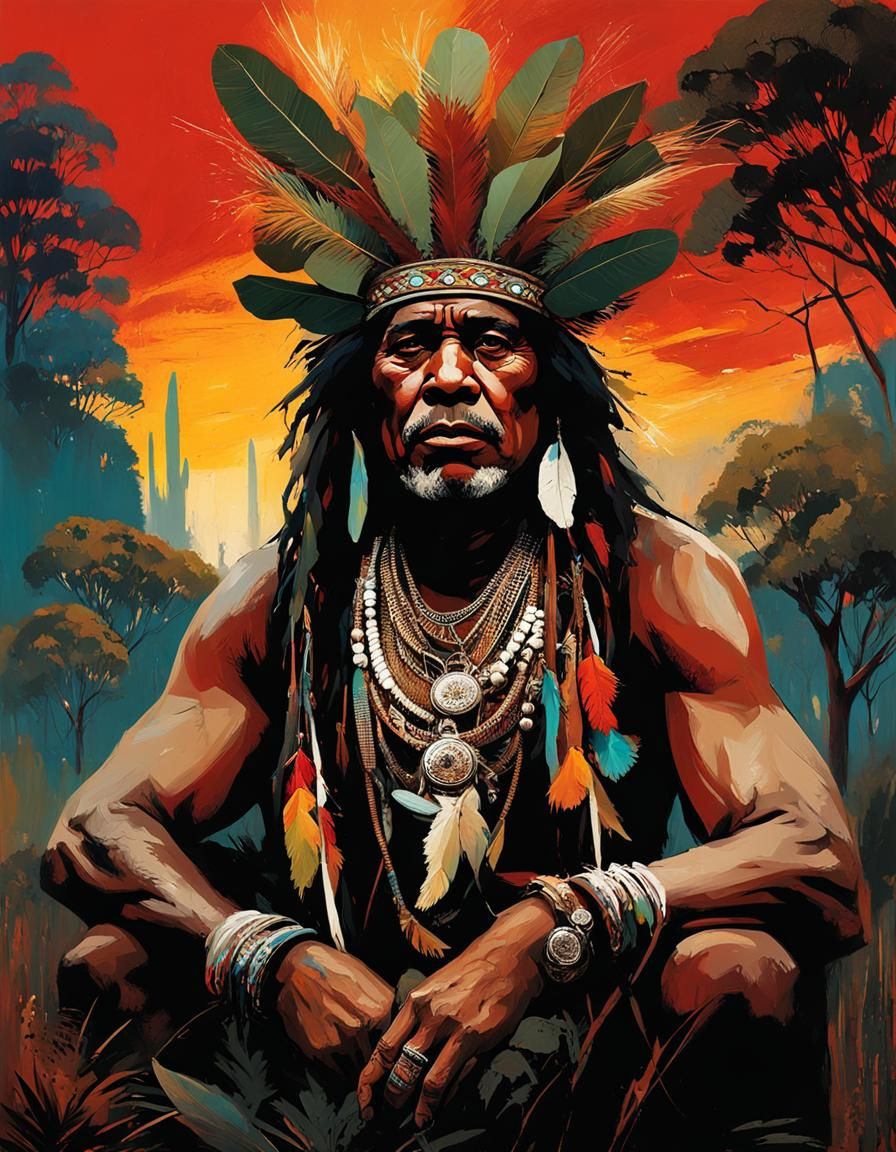 Aboriginal Chief with Eucalyptus Crown, Detailed Art