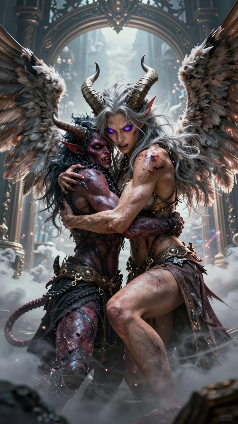 Warrior Angelic Hybrid Battles Demon Outside Heaven