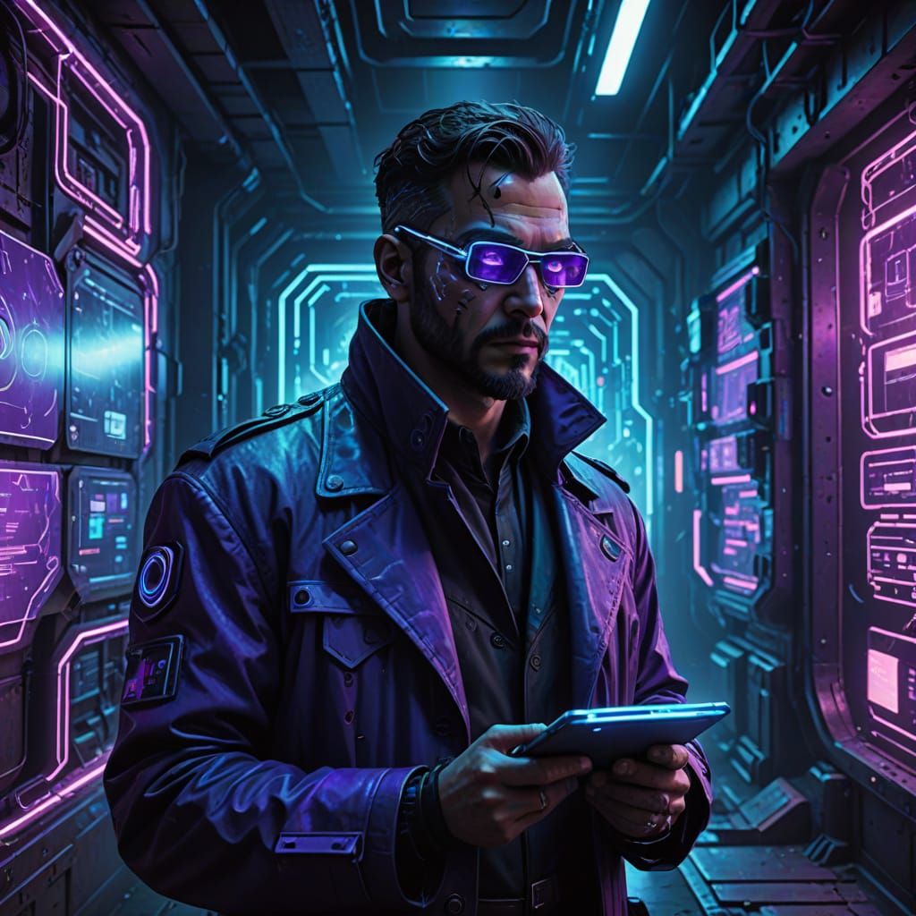 Cyberpunk Professor in Ancient Library Ruins