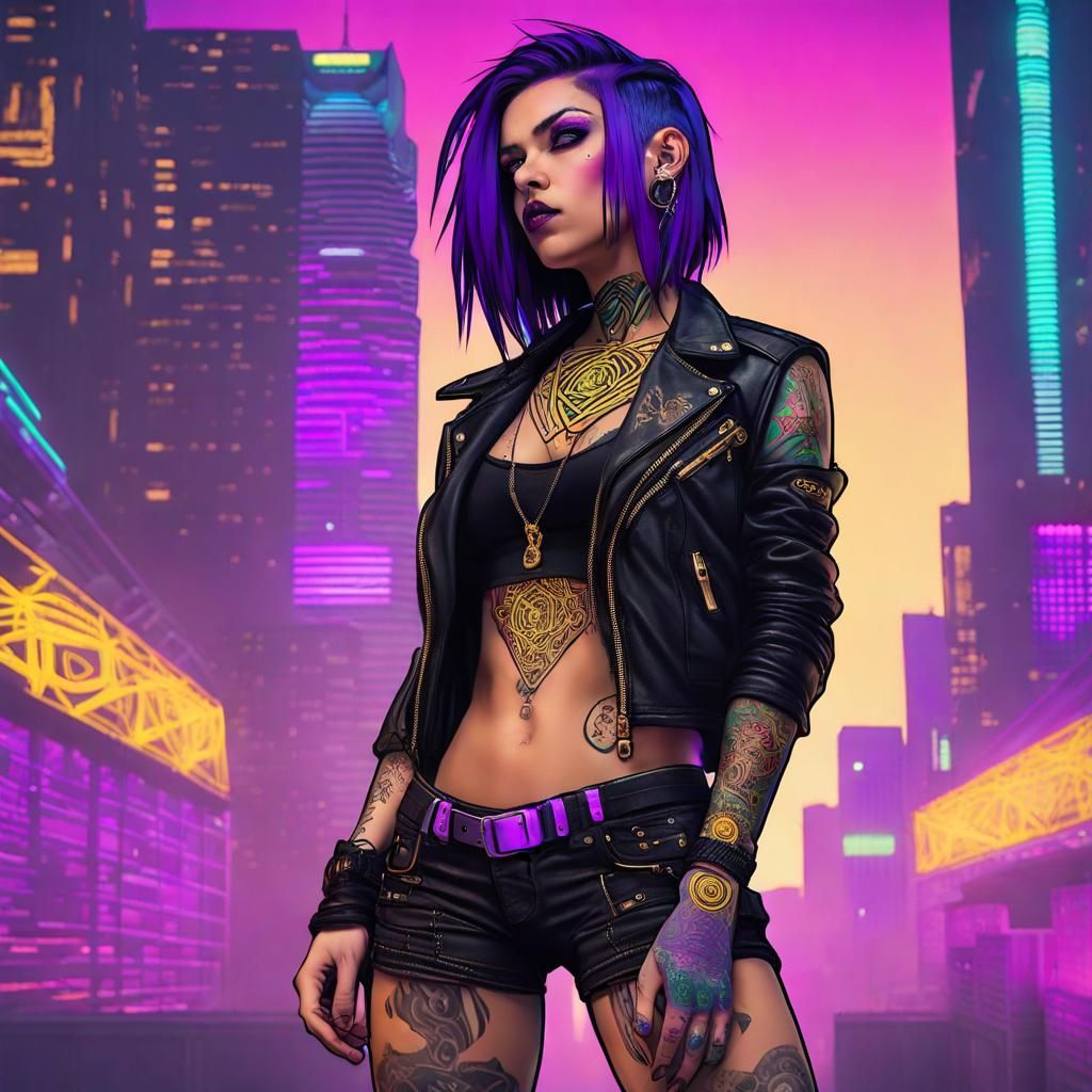 Cyberpunk Girl Overlooking City in Synthwave Style