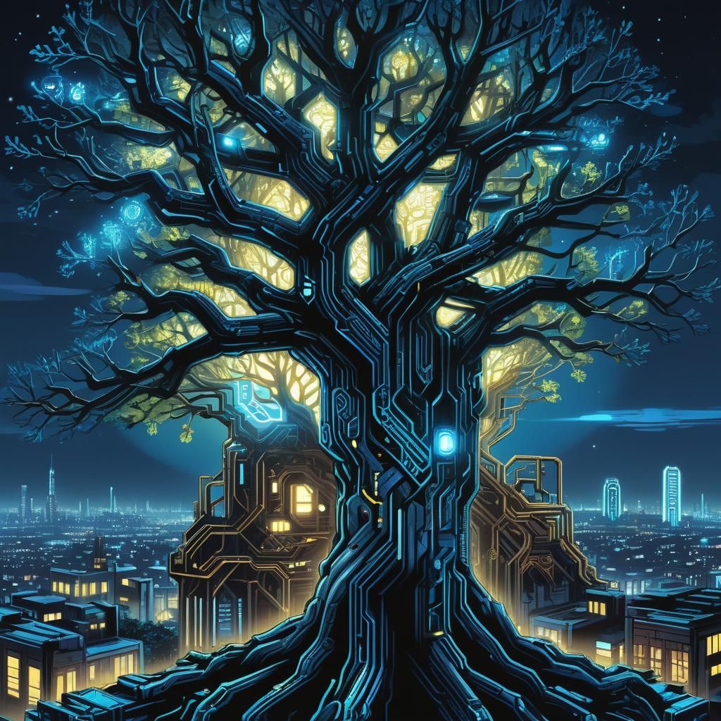 Cybernetic Tree Portrait in Cyberpunk Comic Style