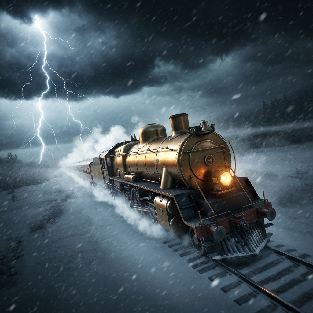 Steampunk Locomotive in Blizzard, Hyper-Realistic Rendering