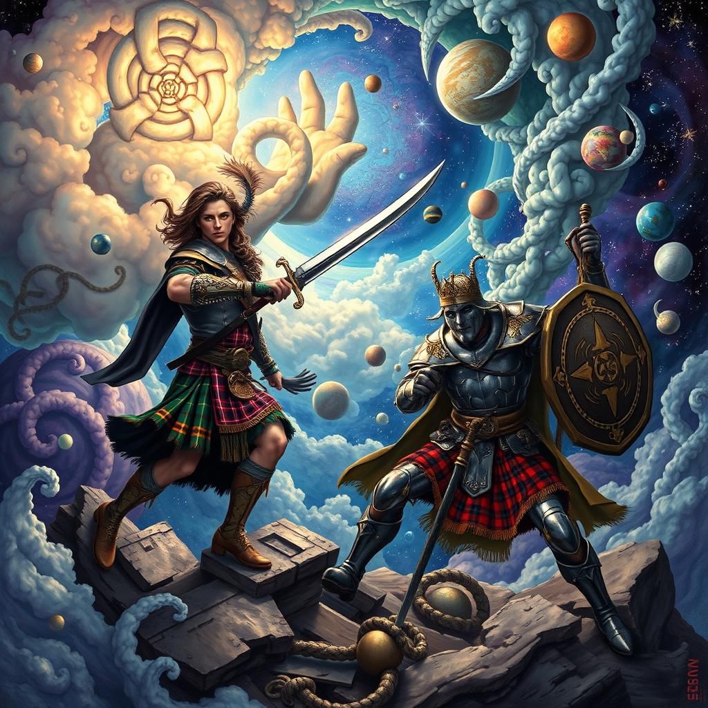 Celtic Warrior in Cosmic Battle, Visionary Art Style
