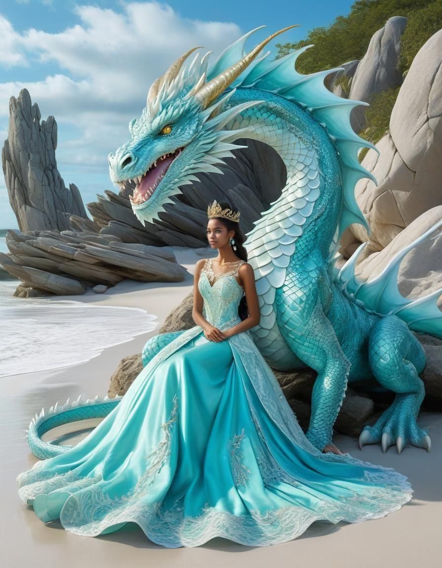 Enchanting Dragon and Princess on White Sand Beach