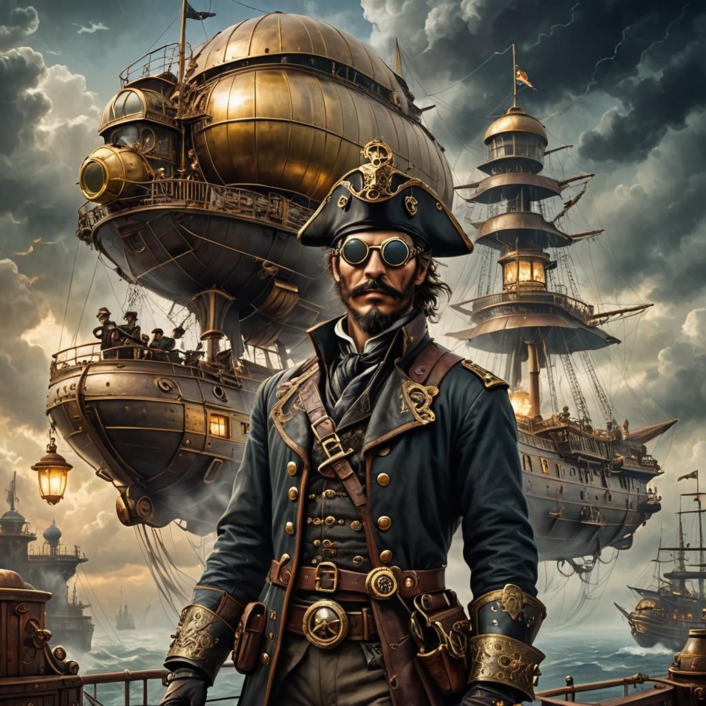 Steampunk Airship Pirate in Cloudy Sky