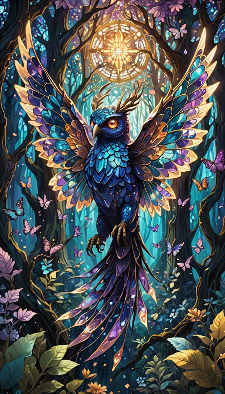 Iridescent Creature Soaring Through Enchanted Forest