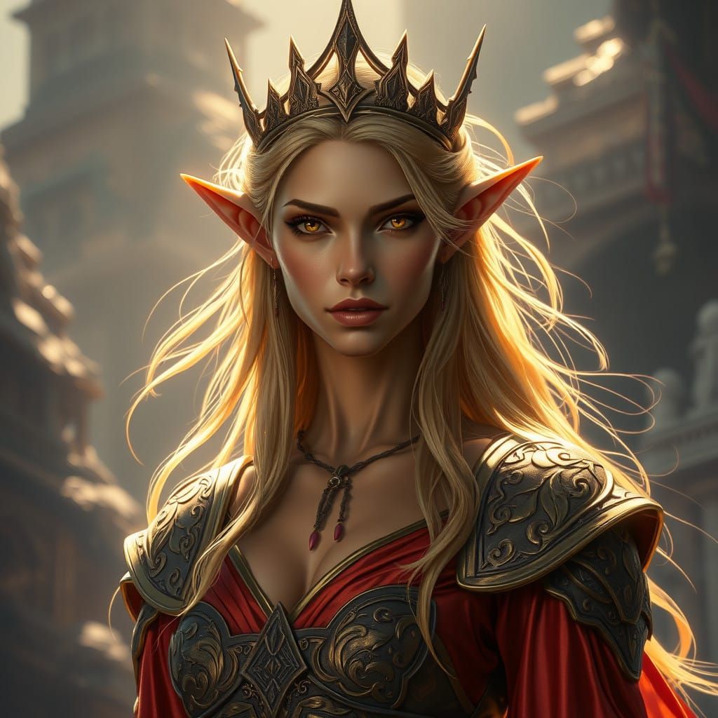 Regal Fae Queen with Shimmering Hair and Vibrant Attire