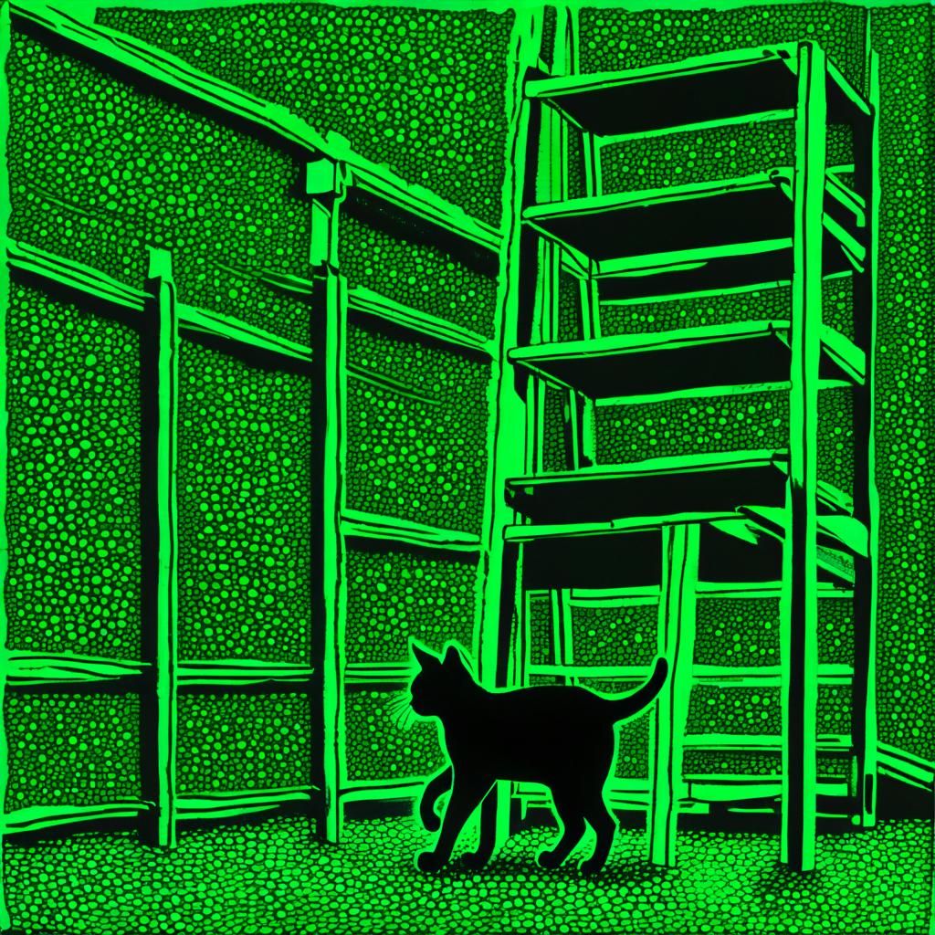 Black Cat Under Ladder in Green Pointillism