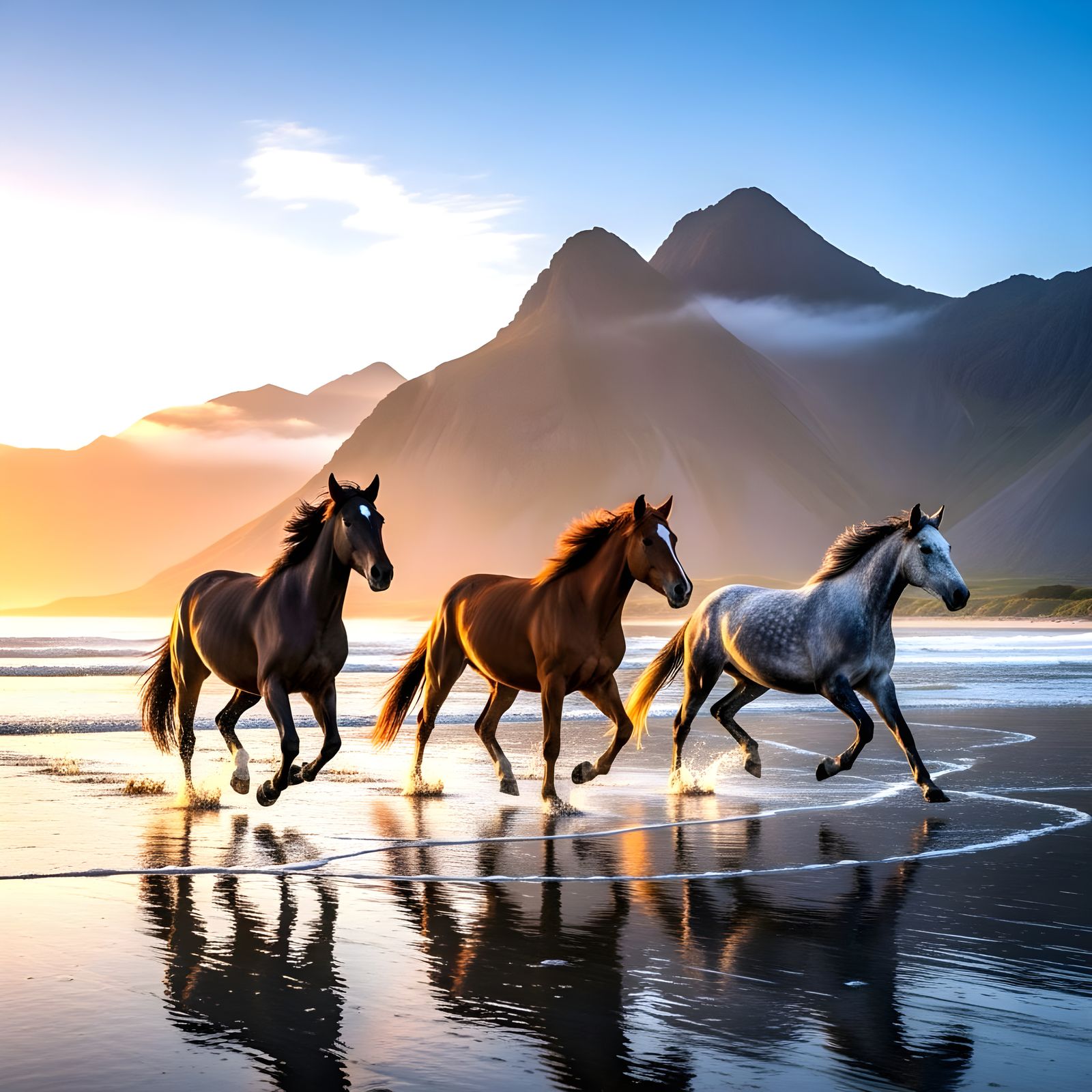 Three Horses Gallop on Beach at Sunrise